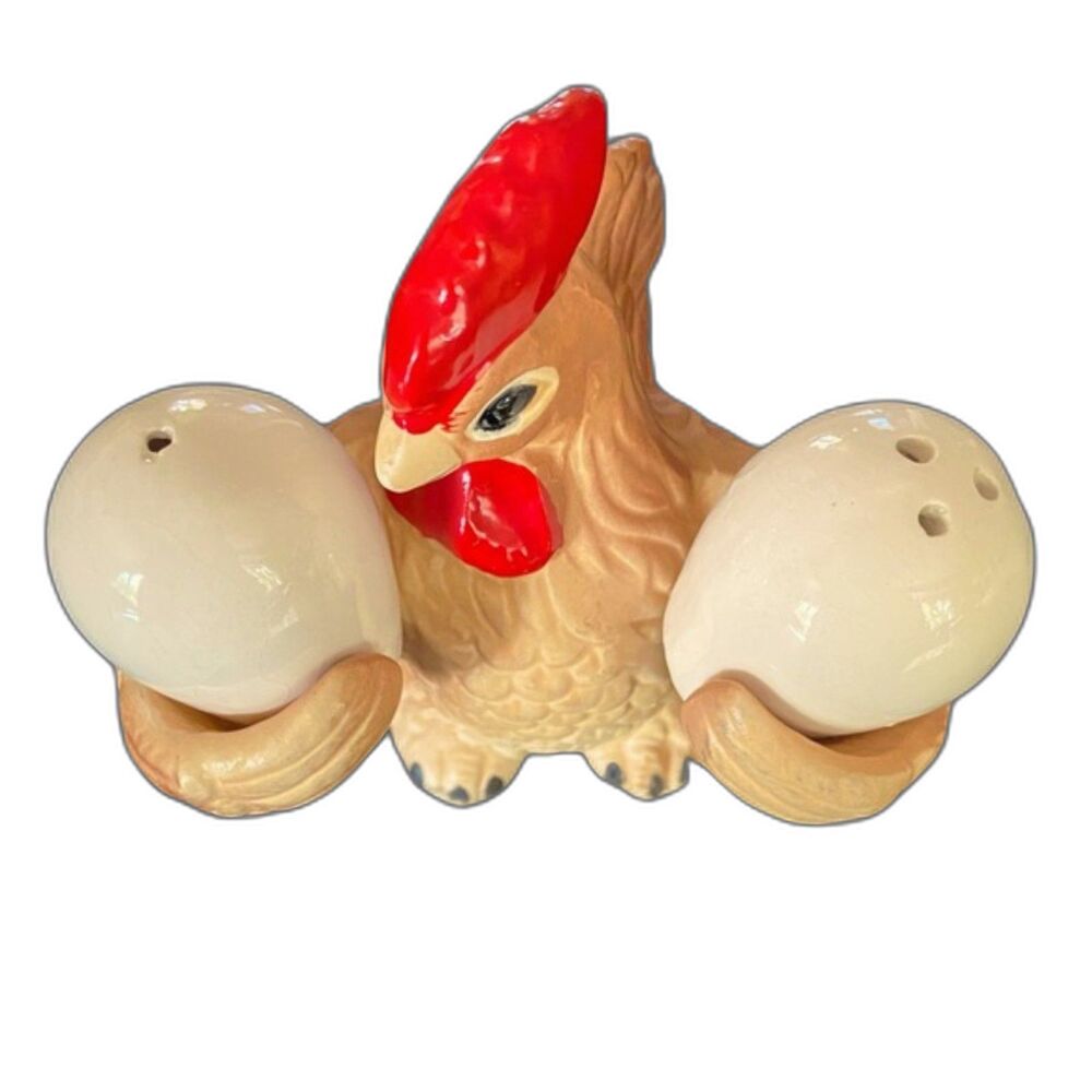 Vintage Artmark Chicken w/ Egg Salt & Pepper Shakers 3pc Set 5" Tall